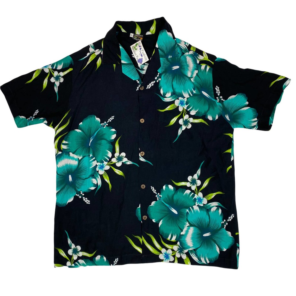 Large Men Black Green Floral Aloha Fashion Hawaiian Short Sleeve Button Up Shirt